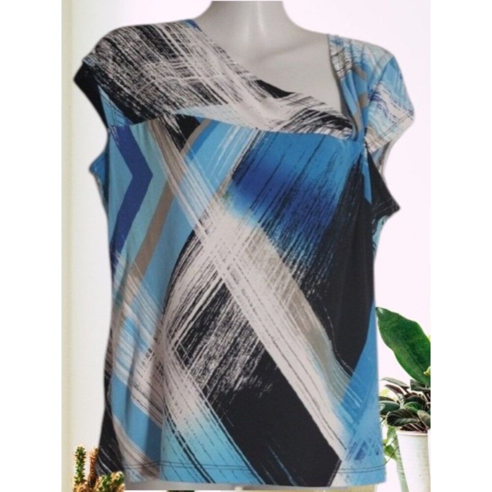 Worthington Blue and Black Abstract Blouse Size Large Petite. Stretchy